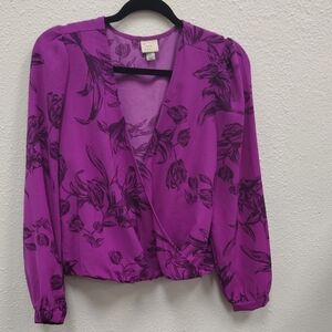 A New Day Pink and Purple Puff Sleeve Wrap Blouse